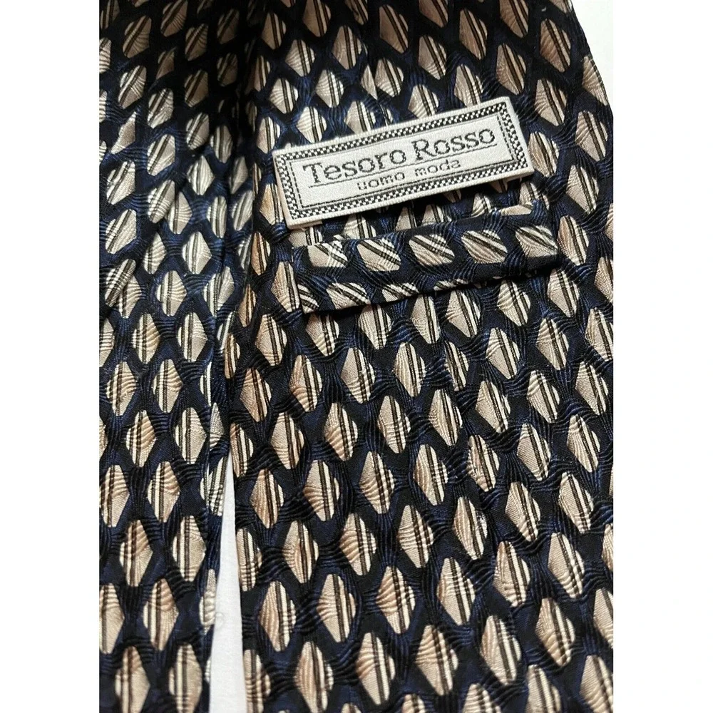 Mens Tie Silk Tesoro‎ Rosso Accessory Necktie Navy Blue Ivory Abstract Pattern
